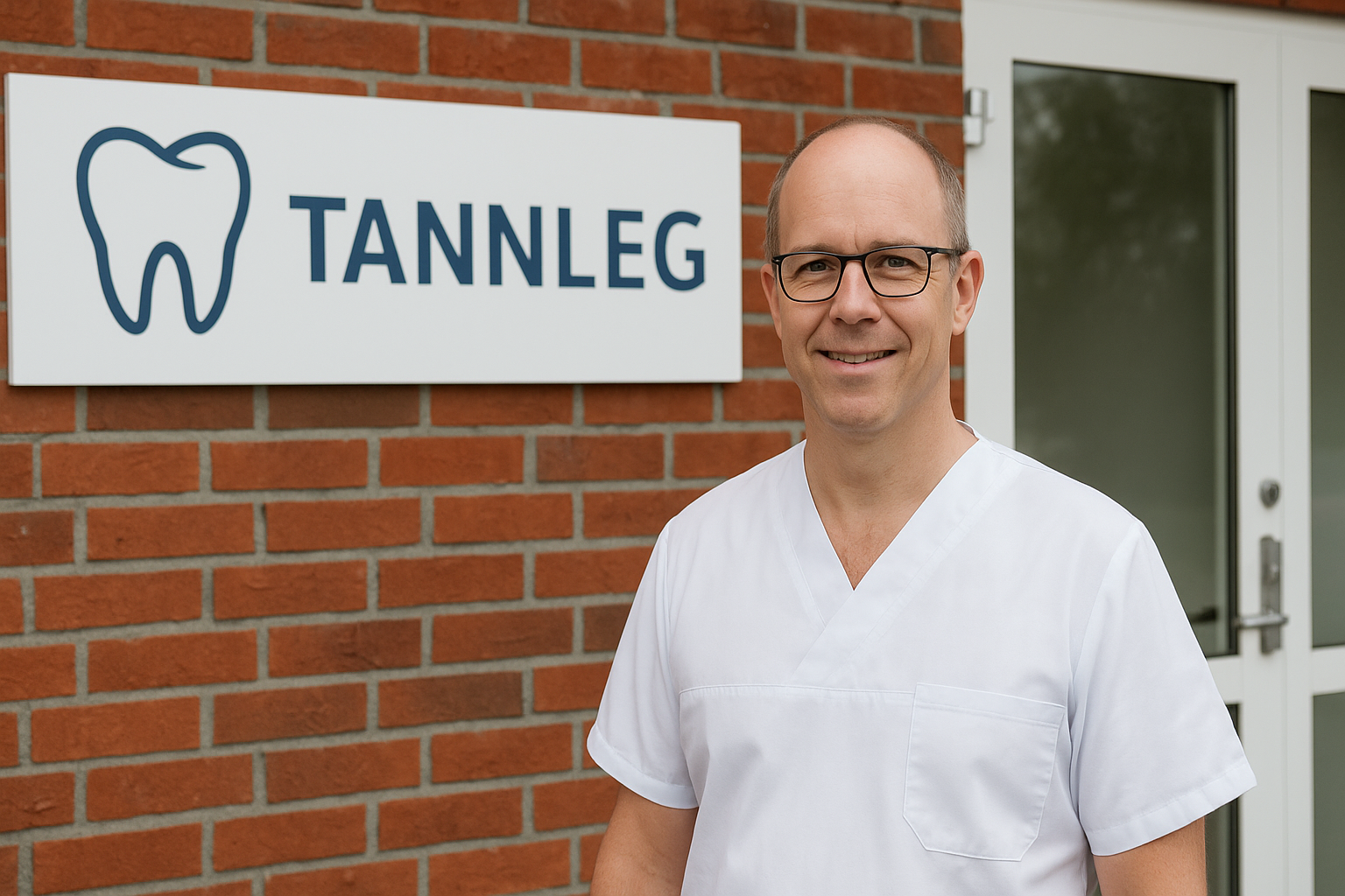Tannlege i hvit uniform smiler utenfor klinikk med rød murstein, ved siden av skilt med tannsymbol og inngangsdør.