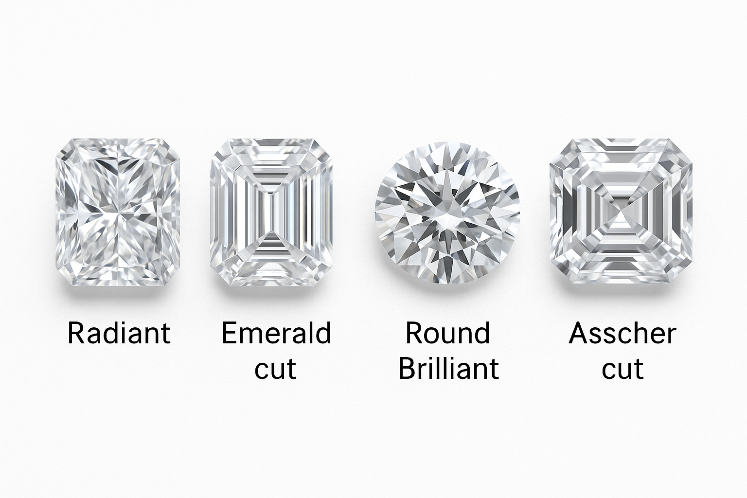 Palyginamoji nuotrauka, kurioje pavaizduotos keturios deimantų formos – radiant, emerald, round brilliant ir asscher – kiekviena aiškiai paženklinta pavadinimu ant balto fono