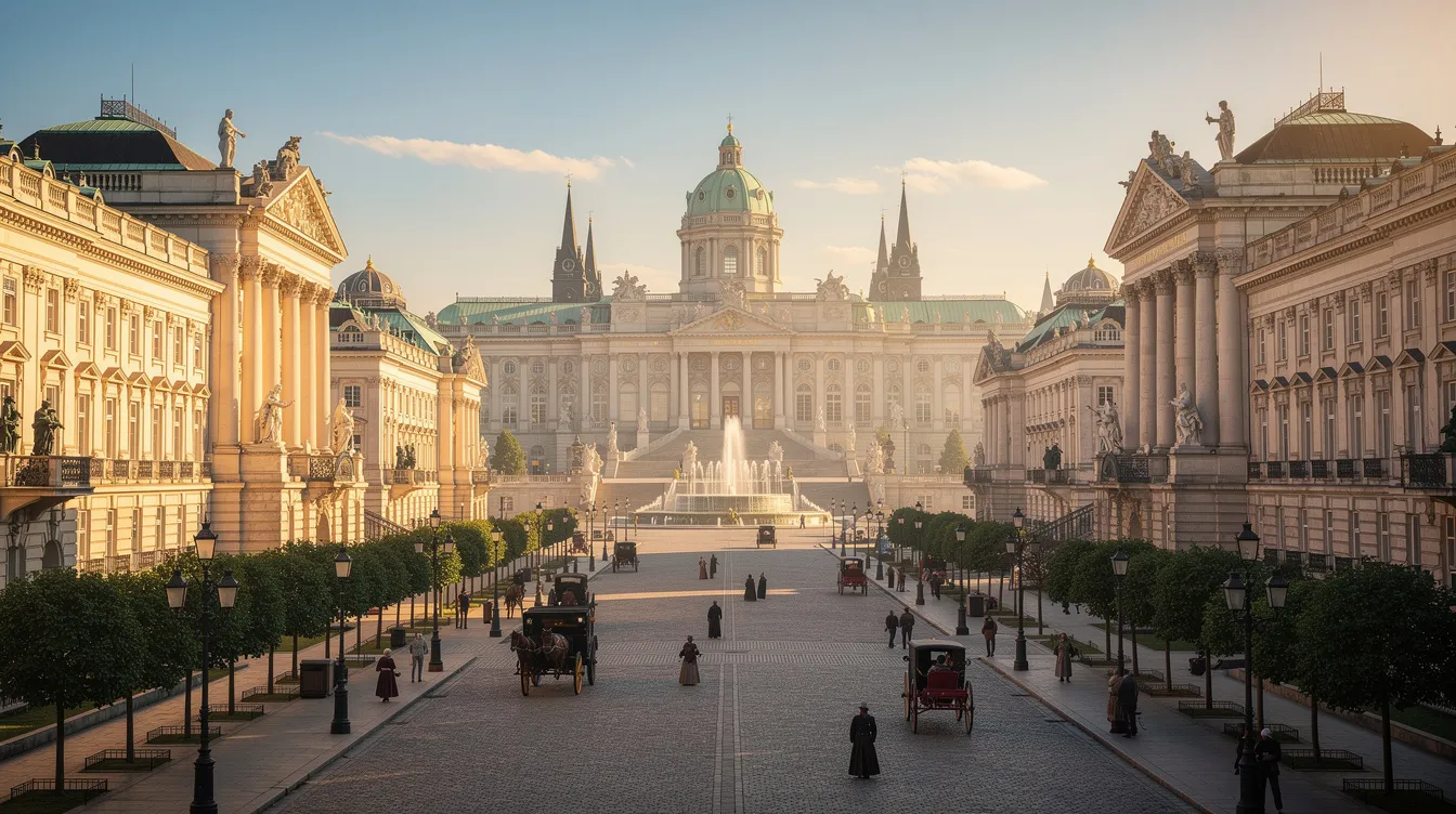 A imagem apresenta uma vista panorâmica de uma grandiosa cidade imperial europeia, com palácios barrocos e amplas avenidas, evocando a história da dinastia Habsburgo. A beleza dos monumentos e a arquitetura impressionante, como o Palácio de Schönbrunn, refletem a rica cultura e arte que atraem visitantes de todo o mundo.