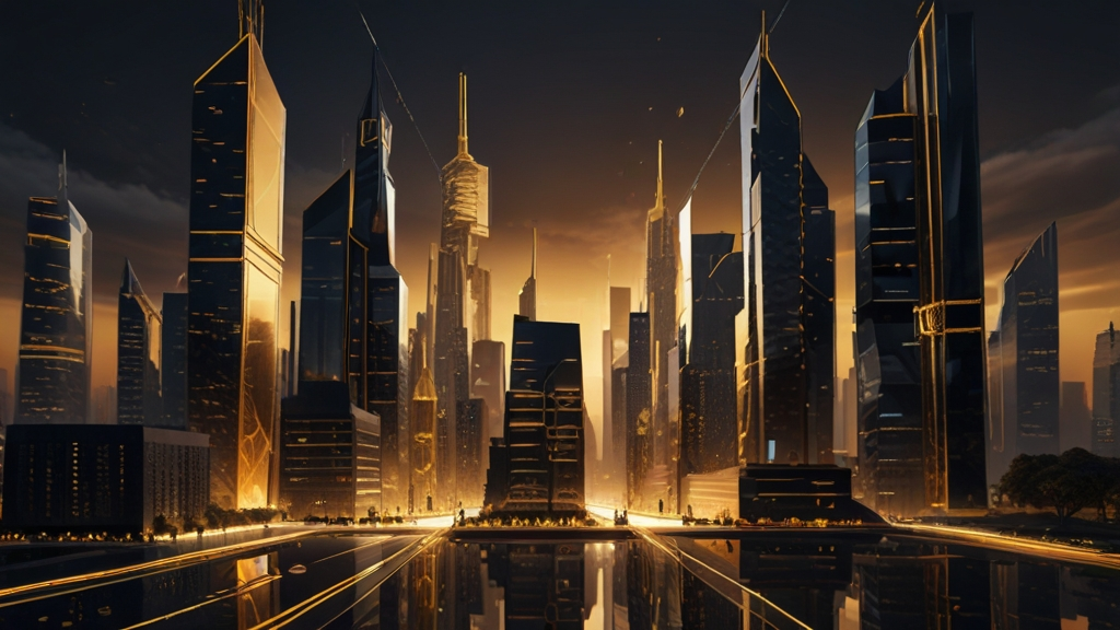 Golden and black cityscape in a virtual world  symbolizing the Web3 foundation of the decentralized virtual environment.