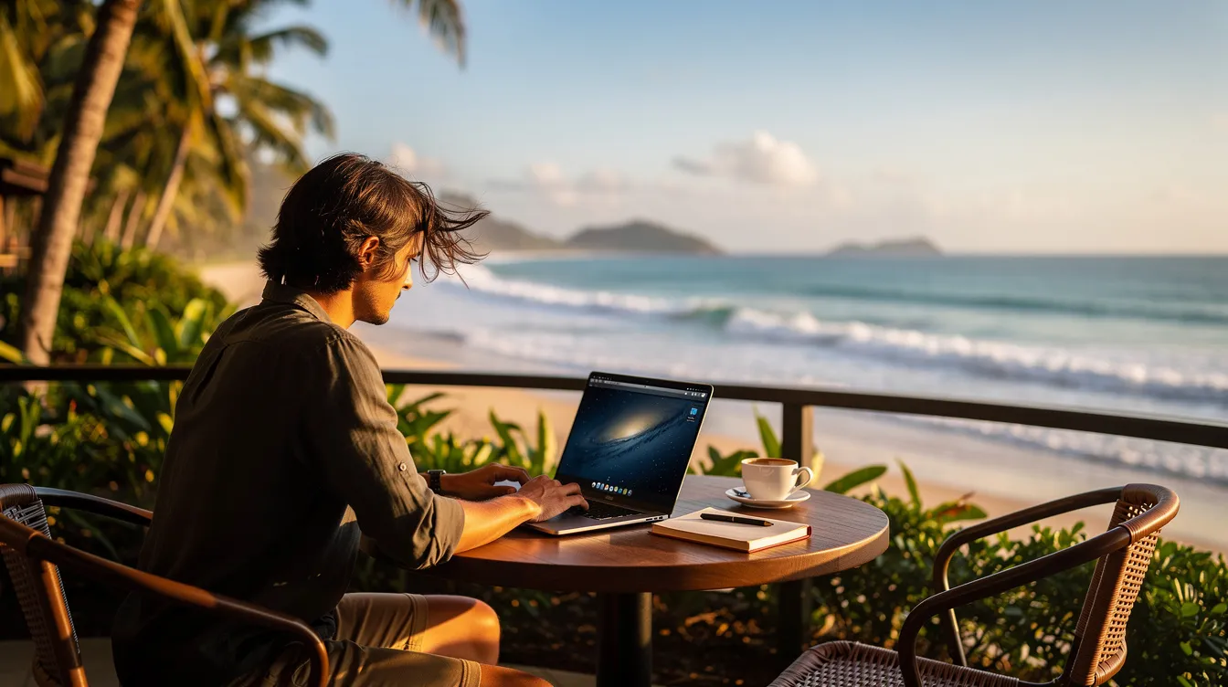 A digital nomad is sitting at an outdoor café, working on a laptop while enjoying a stunning view of a tropical coastline in Costa Rica. This scene captures the essence of the digital nomad lifestyle, balancing work and leisure in a vibrant, sunlit environment.