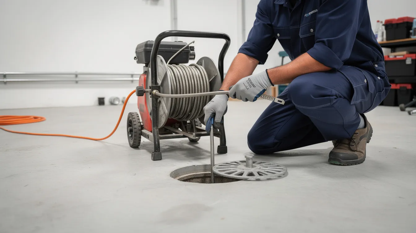 A professional plumber is operating drain cleaning equipment near a floor drain, showcasing their expertise in plumbing services. This image highlights the plumber's commitment to quality work in addressing plumbing problems for both residential and commercial customers.