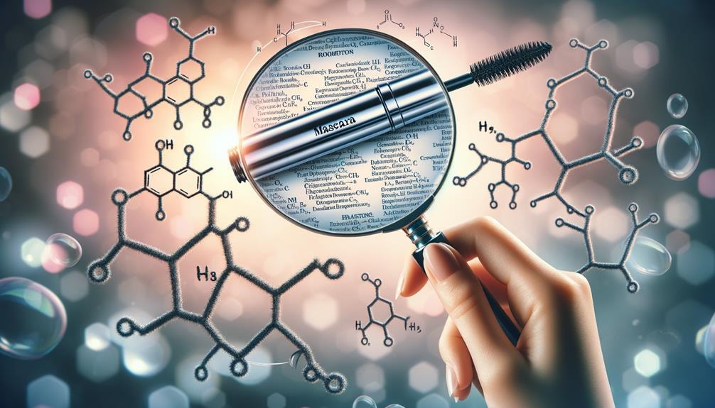 a magnifying glass highlighting the ingredients of a mascara tube, with scientifically styled, non-labelled hormone structures floating in the background.