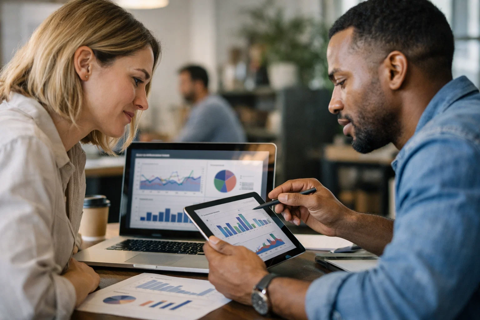 Marketing team analysing Google Ads campaign data together in office setting