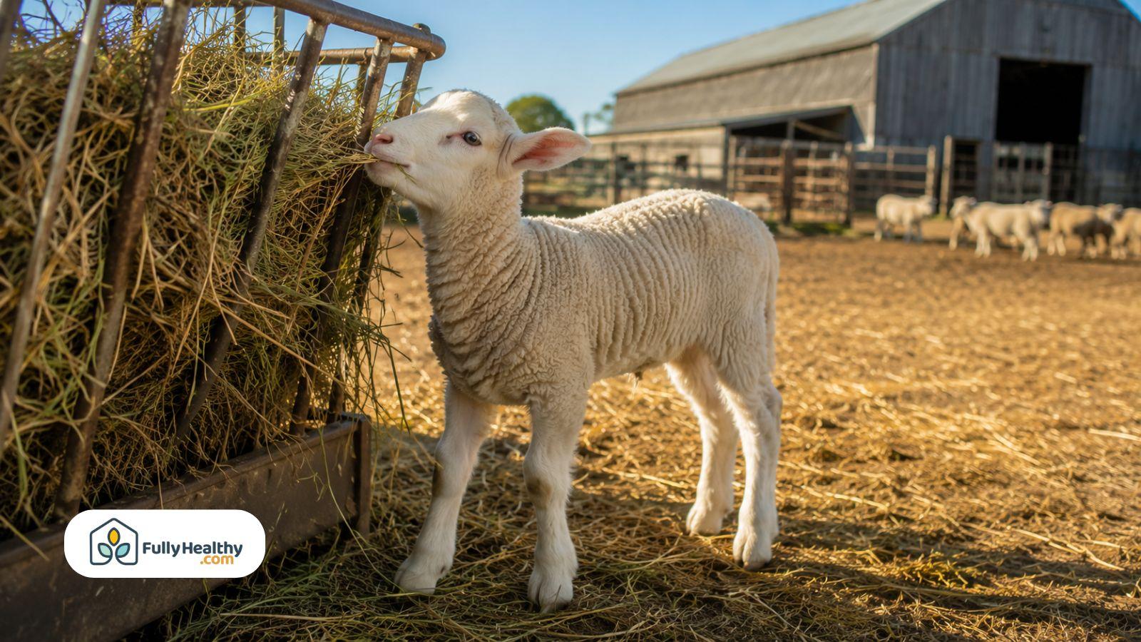 Young lamb eating hay beside feeder on sunny farm