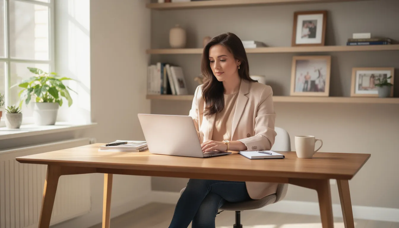 A woman in casual professional attire is focused on her laptop in a cozy home office, symbolizing the flexible job opportunities available for those seeking a career transition. This scene reflects the importance of having relevant skills and a strong work-life balance in today's job market.