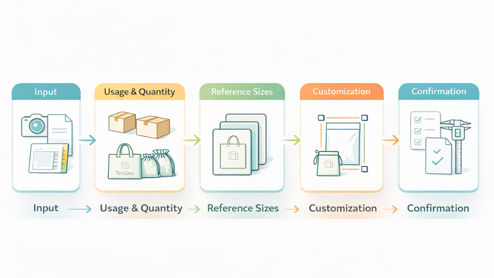Infographic illustrating the packaging sizing and customization workflow from product input to final size confirmation.