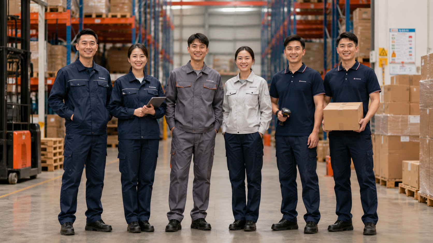 Warehouse and logistics employees wearing durable work uniforms, coveralls, polo shirts, and work trousers
