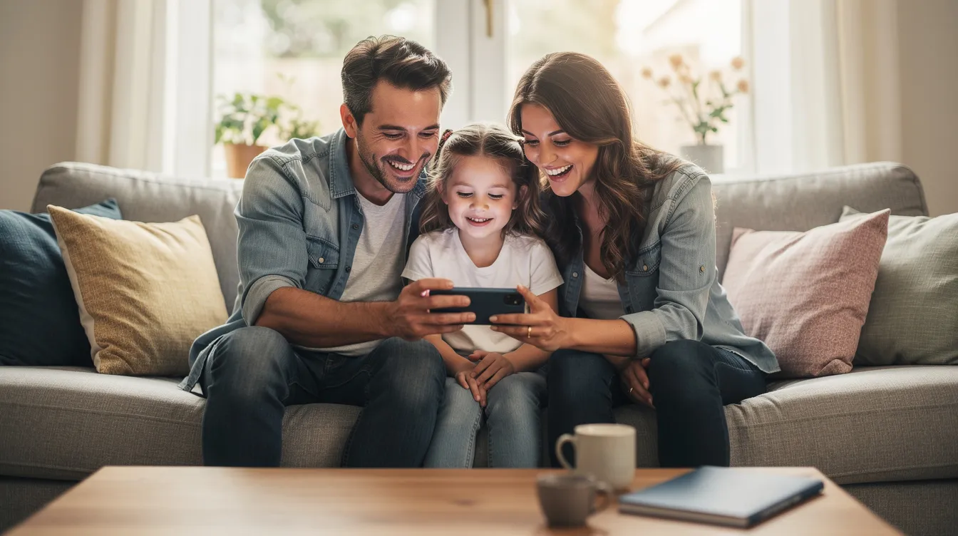 A happy family is gathered in their home, smiling as they look at a smartphone together, likely exploring money transfer services such as JazzCash for sending money to loved ones. The scene captures a moment of connection and convenience, emphasizing the ease of using a mobile wallet for international payments.