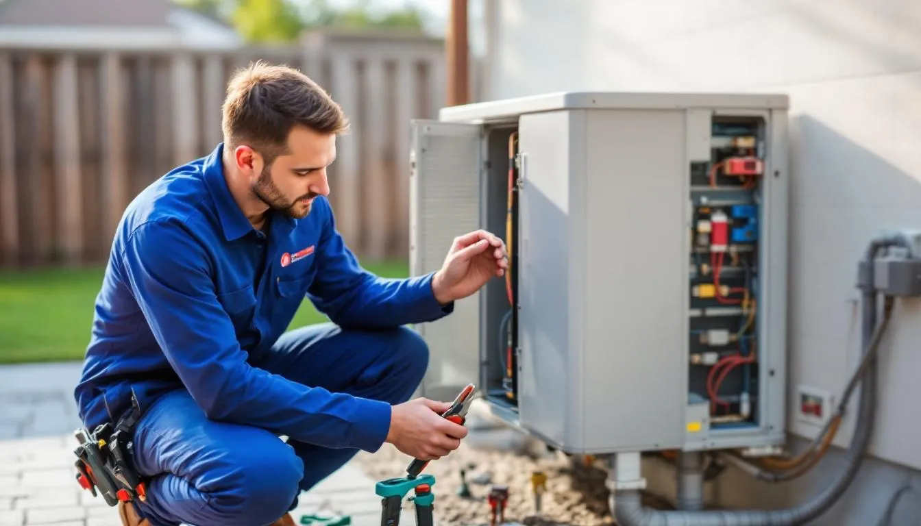 Un technicien professionnel installe une pompe à chaleur moderne dans une maison, mettant en place un système de chauffage efficace. Cette intervention fait partie des services de chauffagiste à Châteaubriant, visant à améliorer le confort et à utiliser des énergies renouvelables pour le logement.