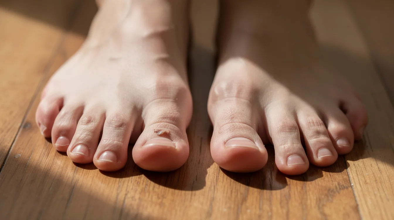 A close-up photograph shows bare feet resting on a wooden floor, highlighting a visible bony bump at the base of the big toe, which is characteristic of a bunion. This image illustrates the foot's anatomy, particularly the affected joint, which may be associated with pain and discomfort.