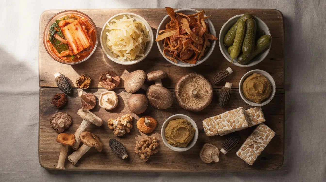 The image features an assortment of dried mushrooms, including turkey tail mushrooms, alongside various fermented foods, all beautifully arranged on a rustic wooden cutting board. This display highlights the remarkable health benefits of turkey tail mushrooms, known for their immune-boosting properties and potential support in cancer treatment and digestive health.