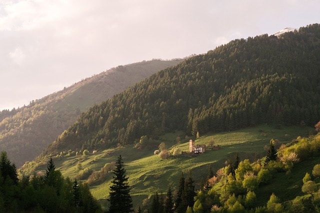 Steep and grassy terrain.