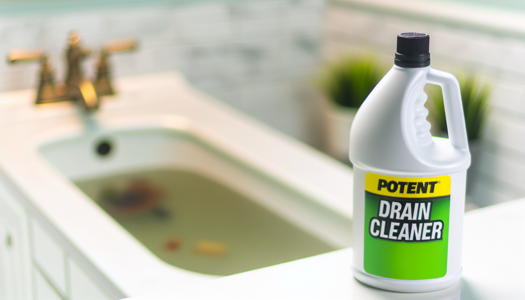 A bottle of powerful liquid drain cleaner with a clogged sink in the background