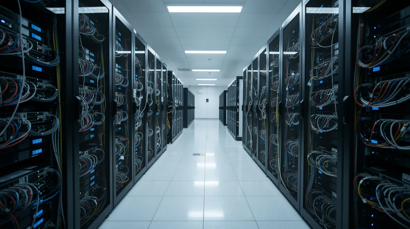 Das Bild zeigt das Innere eines Rechenzentrums, gefüllt mit Reihen von Netzwerk-Hardware und Servern, die die kritische Infrastruktur für Internetdienste und Konnektivitätszugangsnetze demonstrieren. Verschiedene Netzwerkgeräte sind ordentlich organisiert und verdeutlichen ihre Rolle bei der Verwaltung von Datenpaketen und der Sicherstellung einer optimalen Netzwerkleistung für mehrere verbundene Geräte.