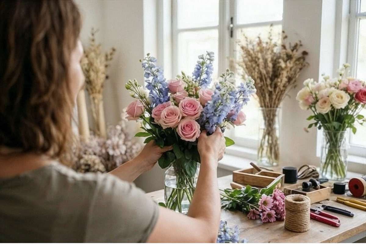 Rear view of florist arranging a bouquet in a vase at a tidy worktable, with ribbons, tools, and extra flowers ready for wrapping.