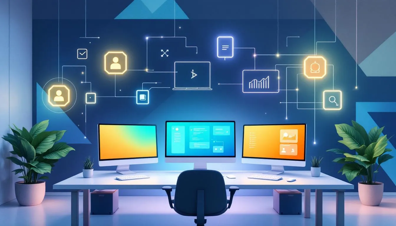 Modern Digital Workspace With Multiple Monitors Showing Analytics, Automation, And Crm Tools Representing Zoho Consultancy Solutions For Business Efficiency.