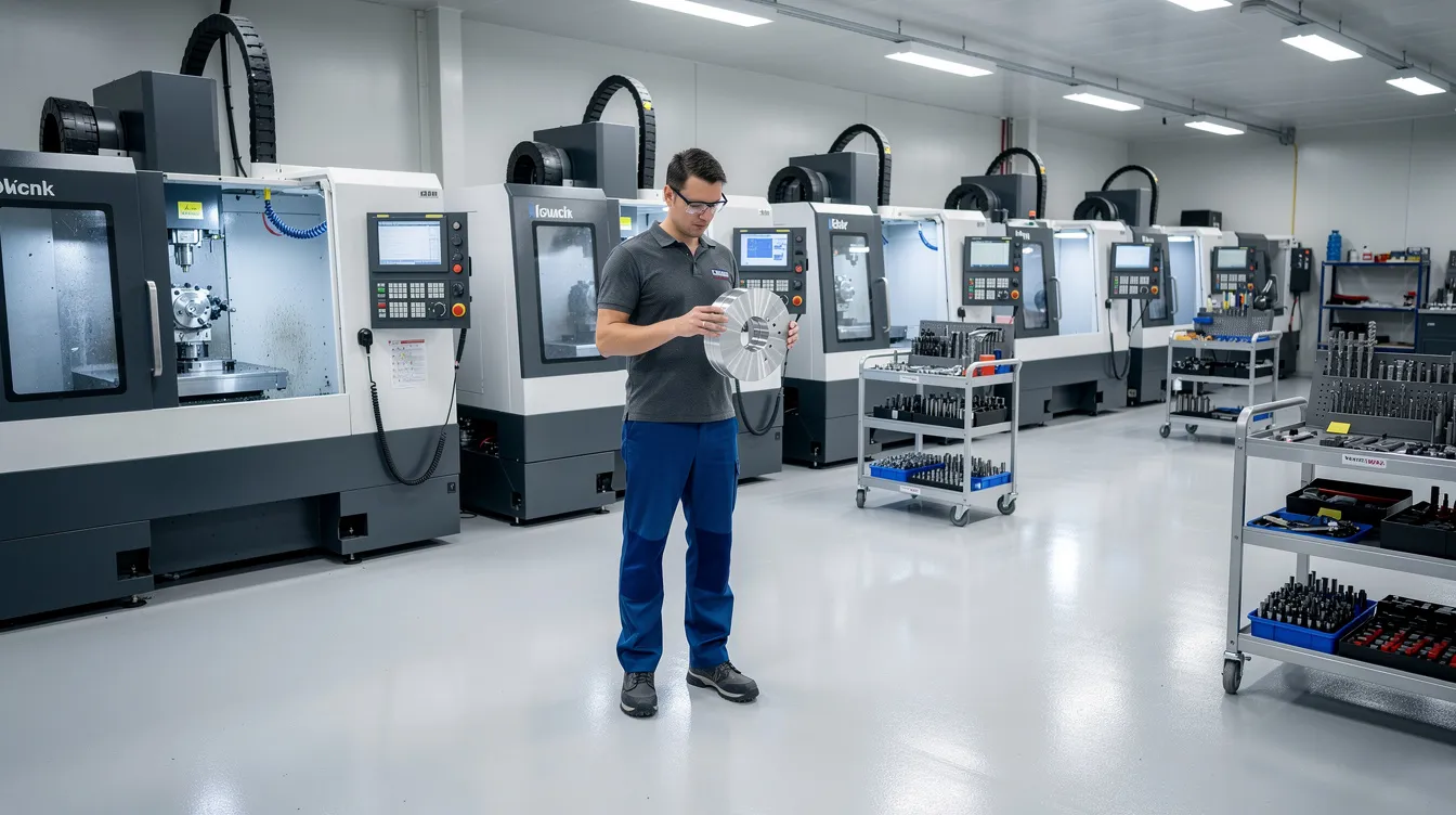 The image depicts a modern CNC machining workshop featuring several machines and an operator closely inspecting a finished aluminum part, highlighting the precision and attention to detail involved in the CNC machining process. This environment showcases the subtractive manufacturing process, emphasizing the production of high-quality CNC machined parts with tight tolerances.