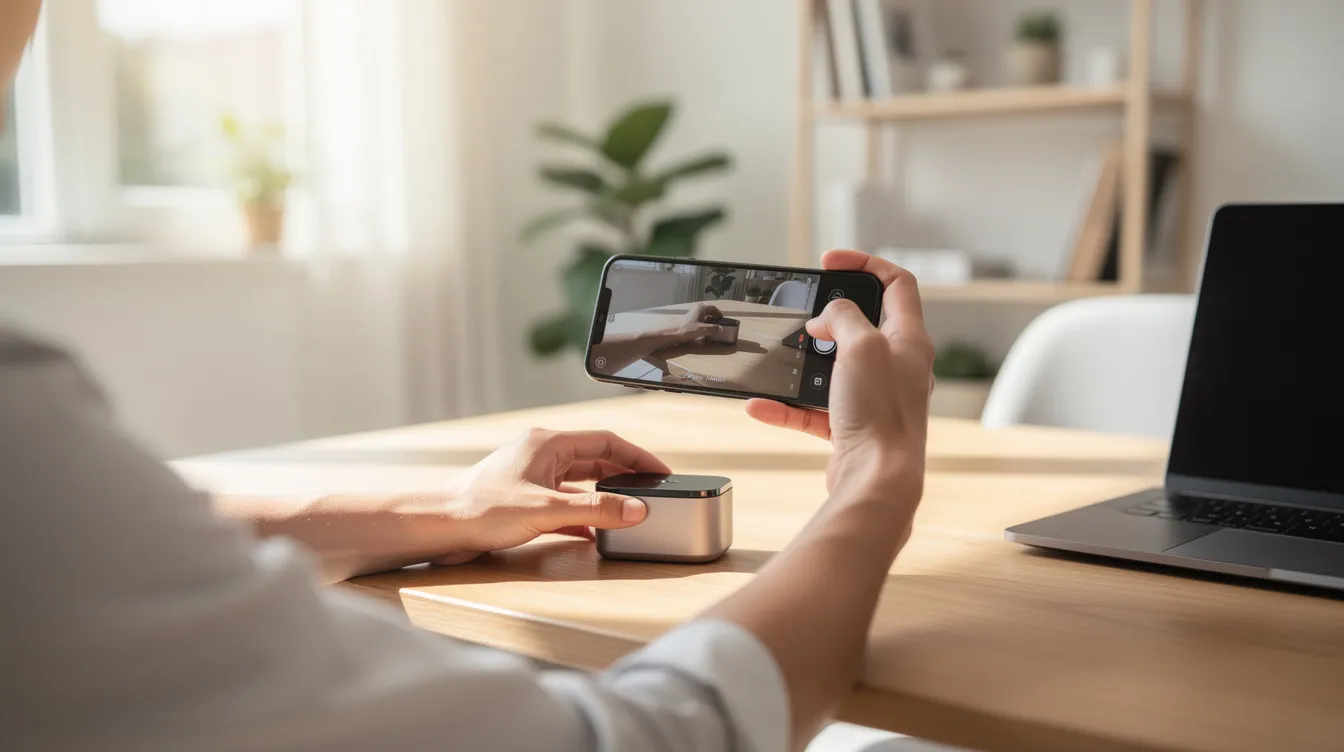 A person is filming a small product demonstration on their smartphone in a bright home workspace, showcasing the features of a product that could be sold through an online store. This setting highlights the ease of starting a dropshipping business with minimal upfront investment and the use of free dropshipping tools to attract potential customers.