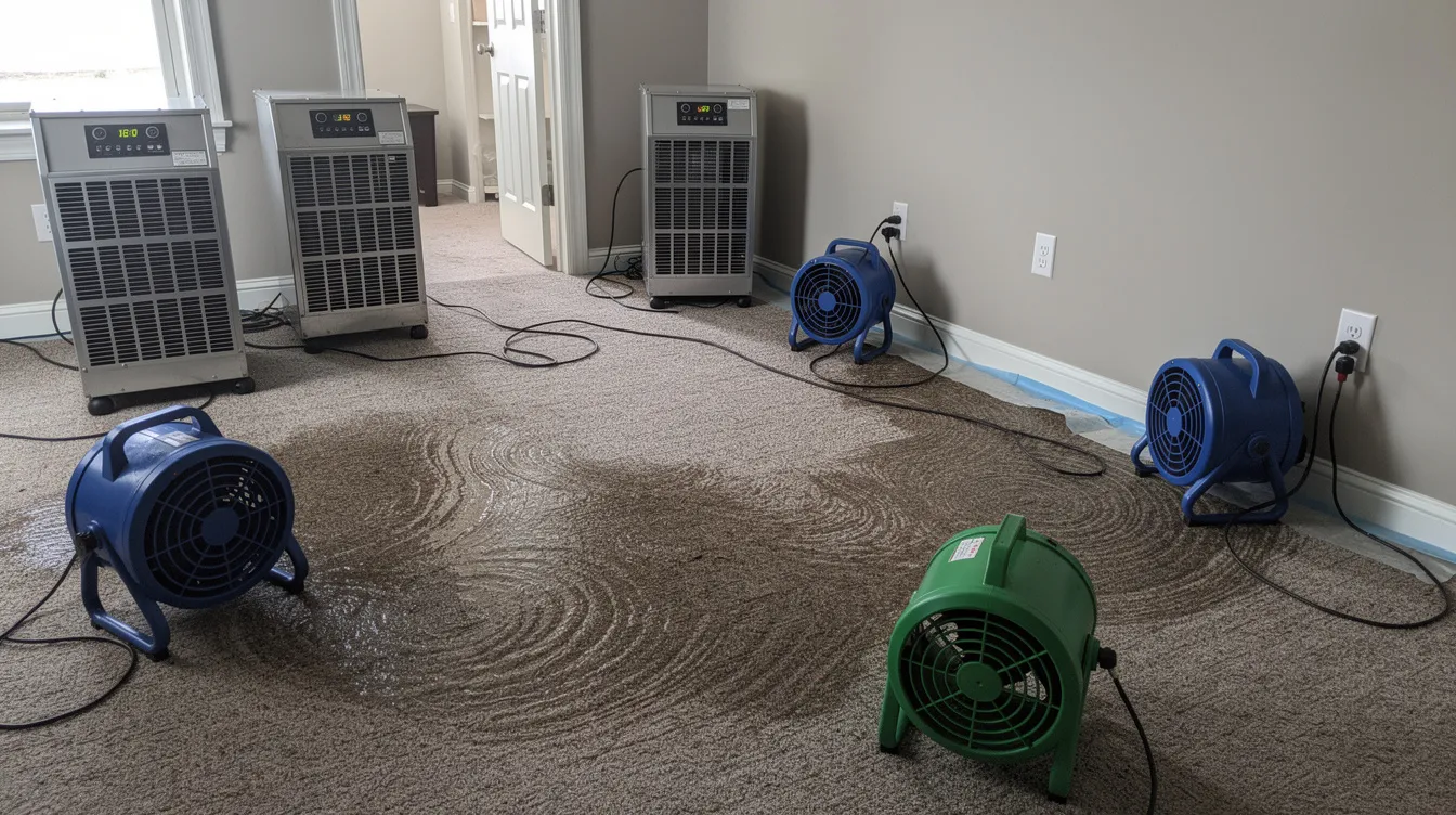 The image shows industrial dehumidifiers and air movers strategically placed in a carpeted room undergoing water damage restoration, highlighting the efforts to improve indoor air quality and prevent further damage to the water-damaged carpet. This setup is essential for effective water extraction and drying, ensuring the safety and comfort of homeowners in the Houston area.