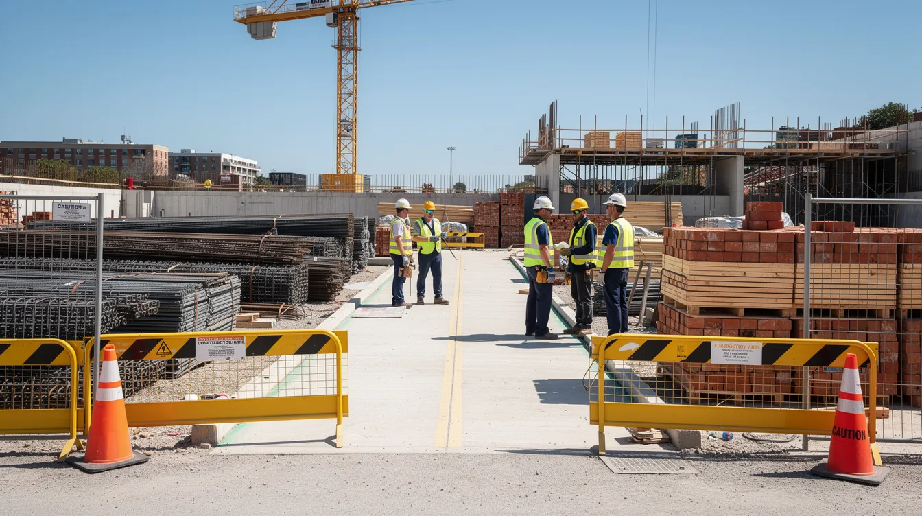 The image depicts a clean and well-organized construction job site featuring safety barriers, neatly stacked materials, and workers dressed in matching uniforms, showcasing a professional construction company that emphasizes quality and safety in its brand identity. This visual representation highlights the construction industry's commitment to maintaining a trustworthy reputation and making strong first impressions on potential clients.