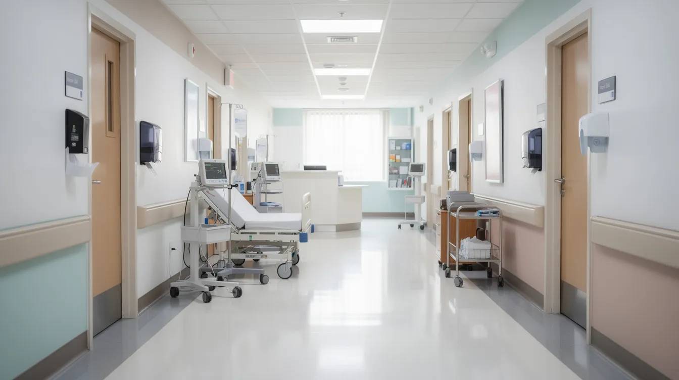 The image depicts a hospital corridor filled with medical equipment, showcasing a patient care setting where healthcare professionals attend to patients. This environment highlights the importance of medical care, as well as the potential for medical malpractice claims due to medical errors or negligence.