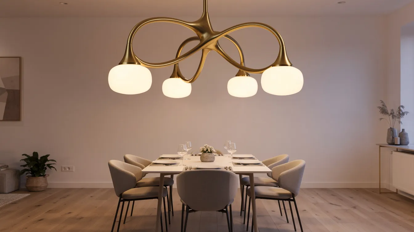 En skulptural taklampa i mässing och opalglas hänger över matbordet och ger ett stilrent och modernt utseende till rummet. Lampan skapar en mysig stämning och passar perfekt i vardagsrummet eller köket.