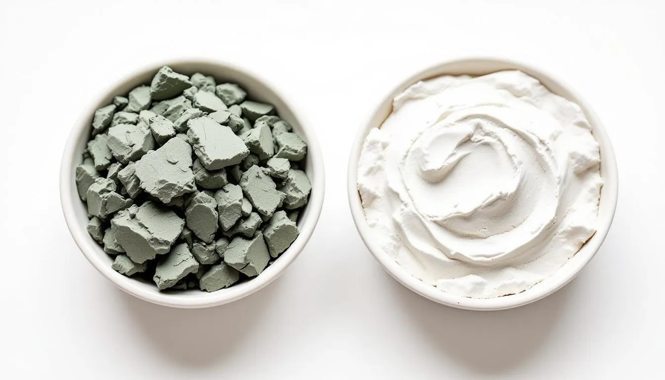 Cette image montre une comparaison visuelle entre l'argile verte et l'argile blanche surfine, chacune présentée dans des bols séparés. L'argile verte, d'une couleur riche et terreuse, contraste avec la texture douce et lumineuse de l'argile blanche, mettant en avant leurs propriétés distinctes pour les soins de la peau.