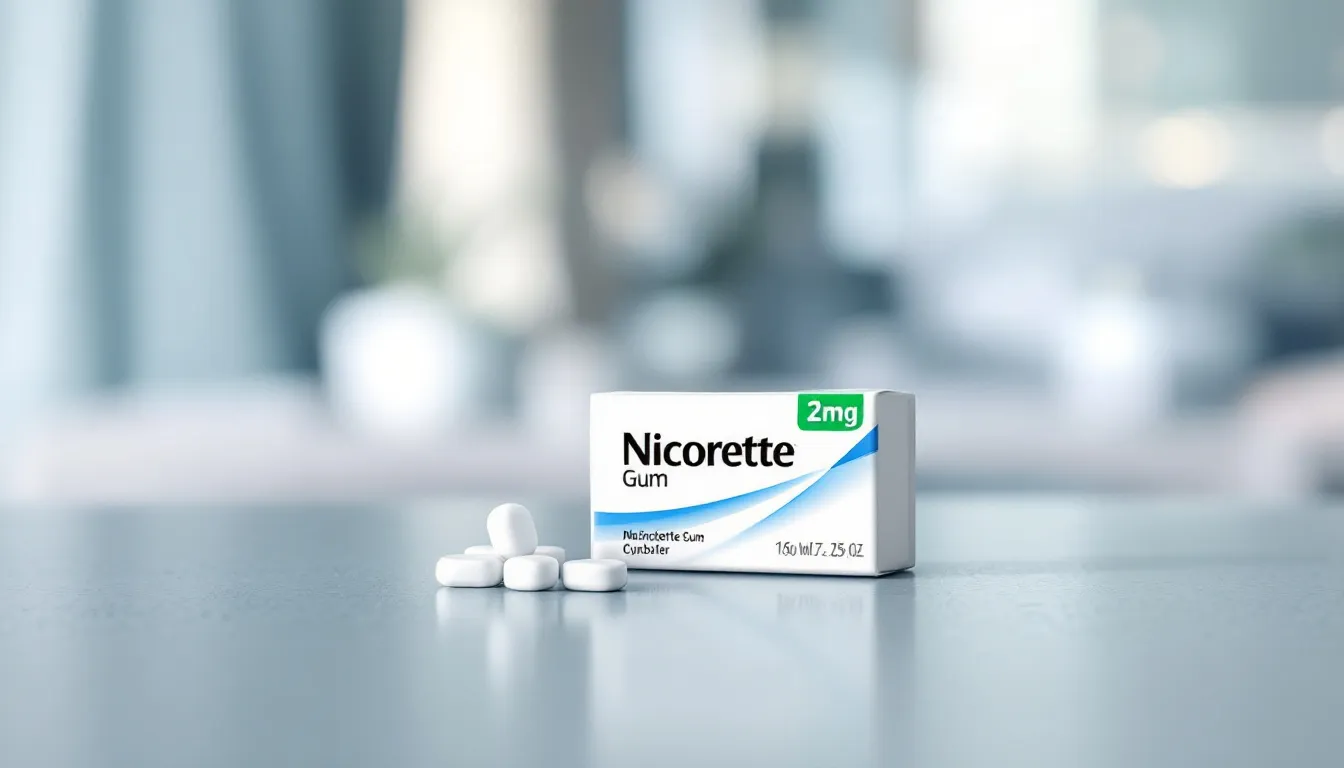 A pack of Nicorette gum 2mg with a blurred background.