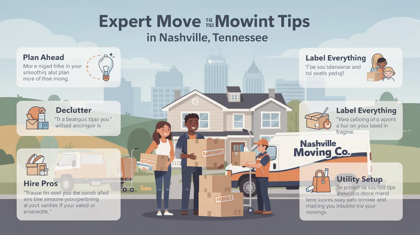 The image features a checklist of expert tips for a smooth move in Nashville, TN, highlighting essential advice for local and long distance moves. It emphasizes the importance of hiring professional movers, planning ahead, and managing moving costs to ensure a stress-free transition to your new home in Music City.