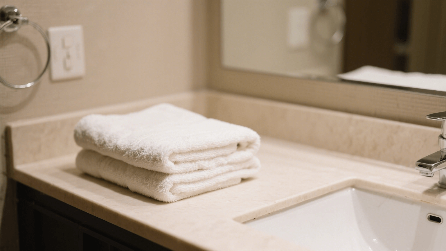 A stack of white towels is placed beside the hotel sink.
