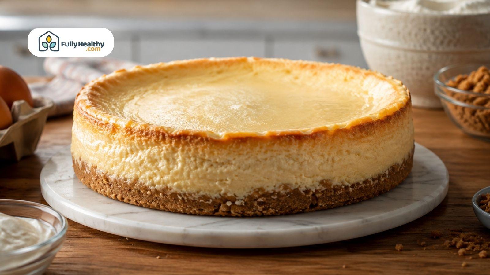 Classic cheesecake with golden filling and crumb crust on marble stand.