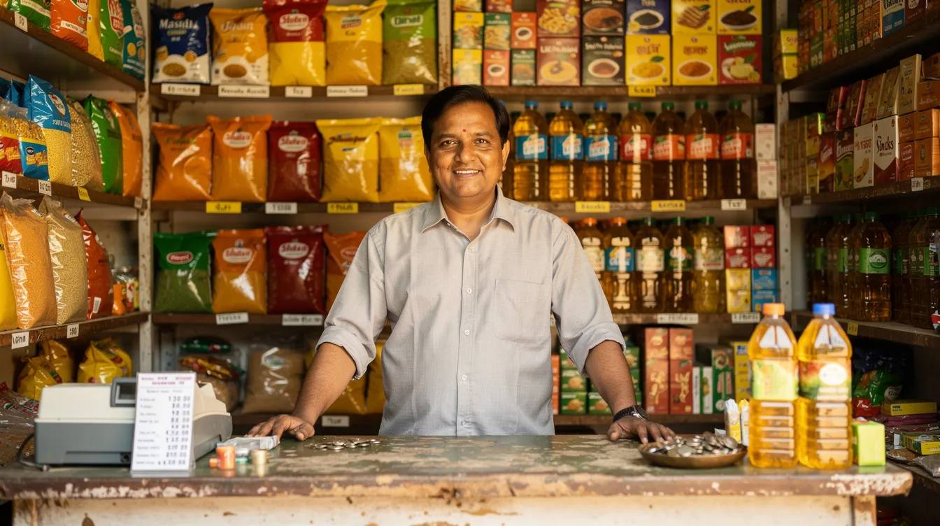 07f05fa4 e0d1 4e8f 98ae 7d576b5989c8 The image shows a small Indian shopkeeper standing behind a retail counter, surrounded by shelves filled with various products. This scene reflects the vibrant atmosphere of small businesses in India, where entrepreneurs often seek financial assistance through schemes like Mudra loans to manage working capital and expand their operations.