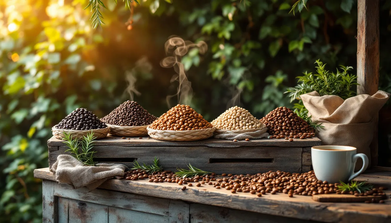 A variety of whole bean coffee displayed in a rustic setting.