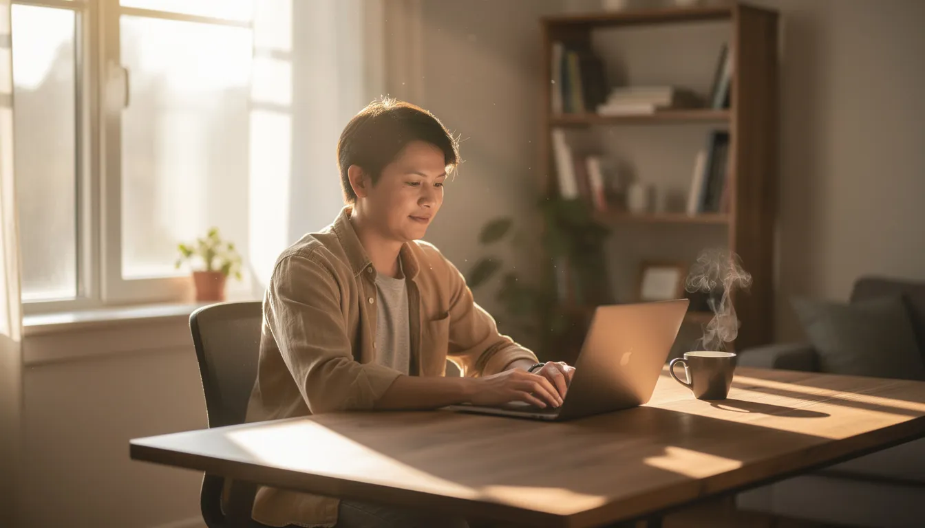 A person is sitting at a home office desk with a laptop, bathed in morning sunlight streaming through the window, while a coffee cup rests nearby, reflecting a healthy work life balance. This serene setup suggests a focus on both professional life and personal time, promoting overall well being and stress management.