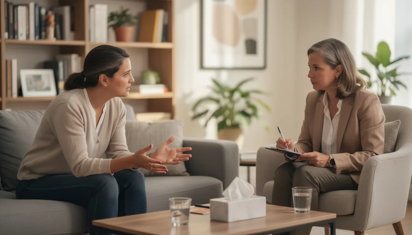 A therapist and a patient are engaged in a counseling session, discussing various treatment options for substance use disorder. The conversation focuses on effective treatment modalities, including individual therapy and group therapy, aimed at developing coping skills and addressing mental health problems.