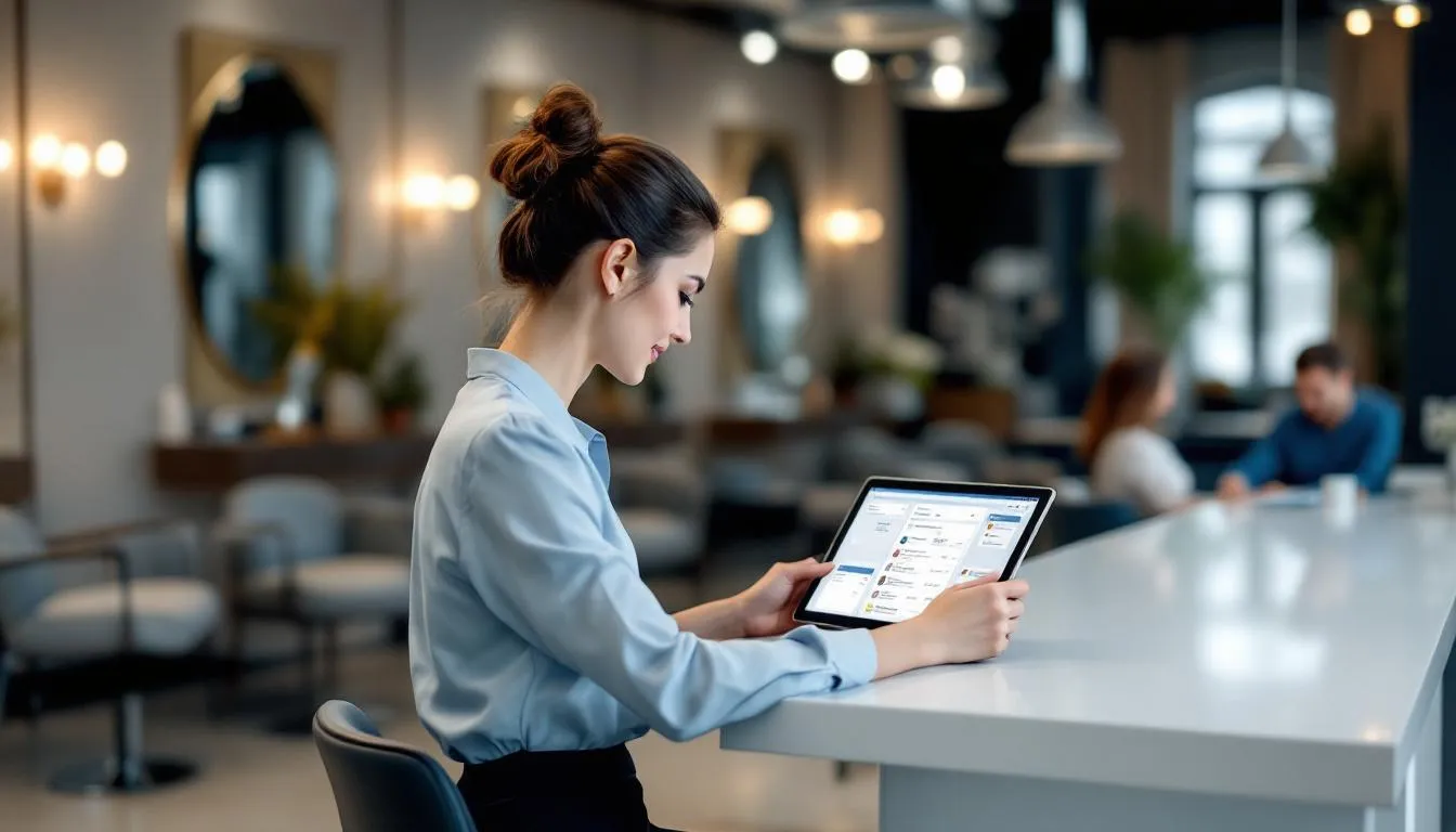 Una recepcionista de un salón de belleza trabaja con una tablet, mostrando un sistema de automatización de marketing que facilita la gestión de reservas y la comunicación con los clientes. Este software ayuda a optimizar las operaciones del negocio y mejorar la experiencia del cliente en el salón.