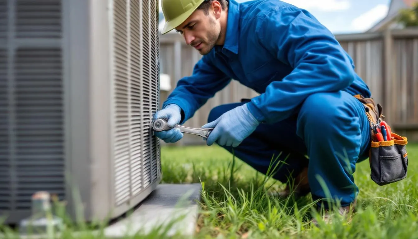 A professional HVAC technician is conducting seasonal maintenance on outdoor cooling equipment, ensuring the air conditioning system operates efficiently to meet heating and cooling needs. The technician checks the cooling system components, helping to maintain optimal air quality and customer satisfaction.