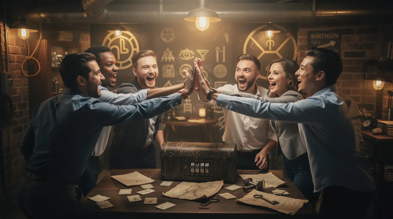 A group of coworkers is joyfully high-fiving and celebrating together in a dimly lit themed escape room, surrounded by various props and puzzles that hint at their recent team building experience. This fun moment captures the essence of collaboration and problem-solving as they work towards a common goal in a memorable corporate team event.