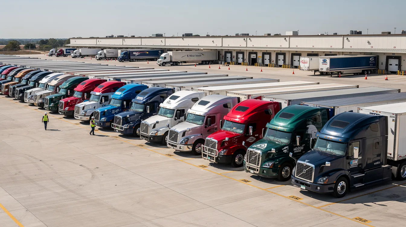 ELD Installers: A fleet of commercial trucks is parked at a terminal yard, showcasing various vehicle types ready for operations. This image highlights the importance of fleet management and operational efficiency, which can be enhanced through professional installation of electronic logging devices (ELD) for compliance with FMCSA regulations.