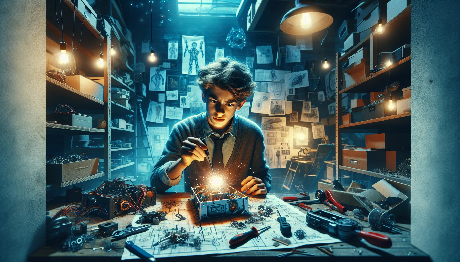 Illustration of a young inventor working on a futuristic gadget