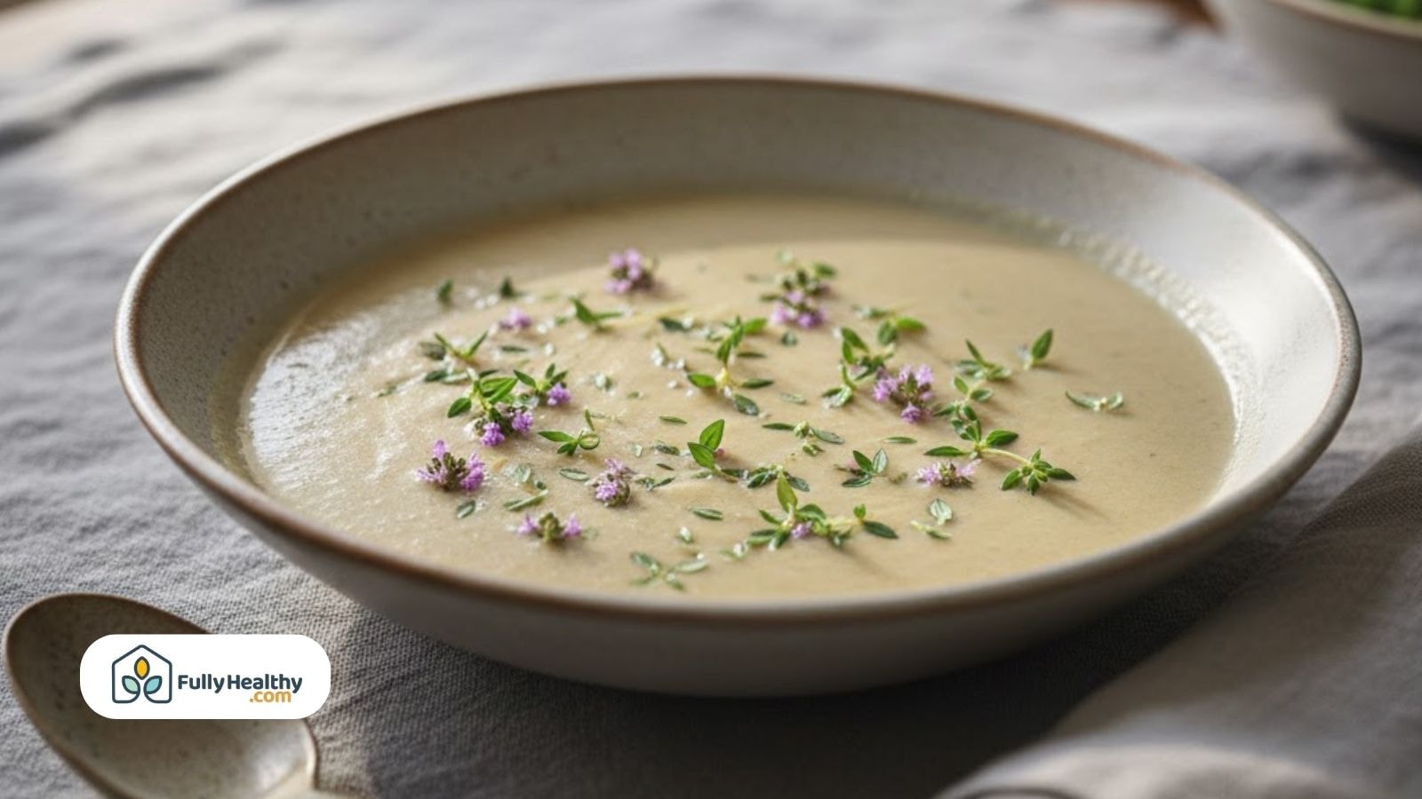 Creamy soup topped with fresh thyme leaves and purple thyme flowers in a bowl.