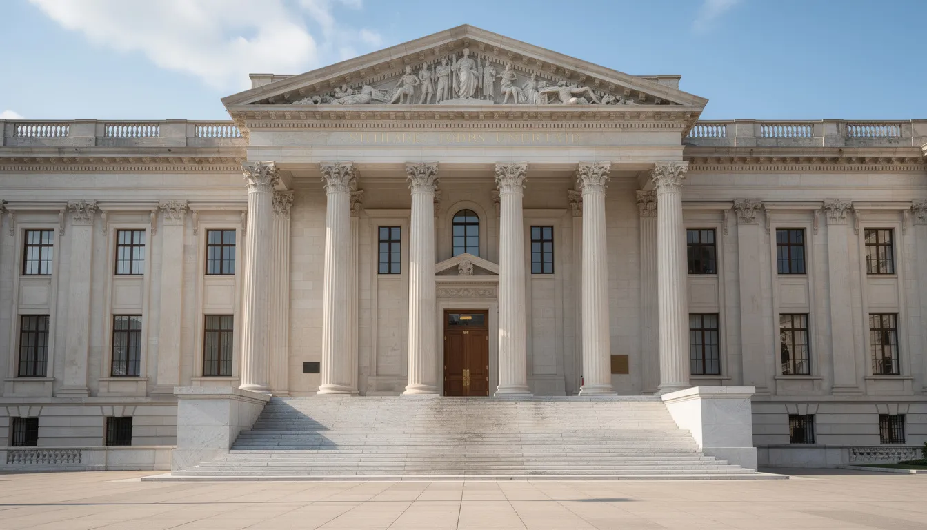 L'image montre la façade imposante d'un palais de justice, ornée de grandes colonnes. Ce bâtiment symbolise l'autorité judiciaire, un lieu où se déroulent des procédures concernant des créances, des débiteurs et des créanciers.