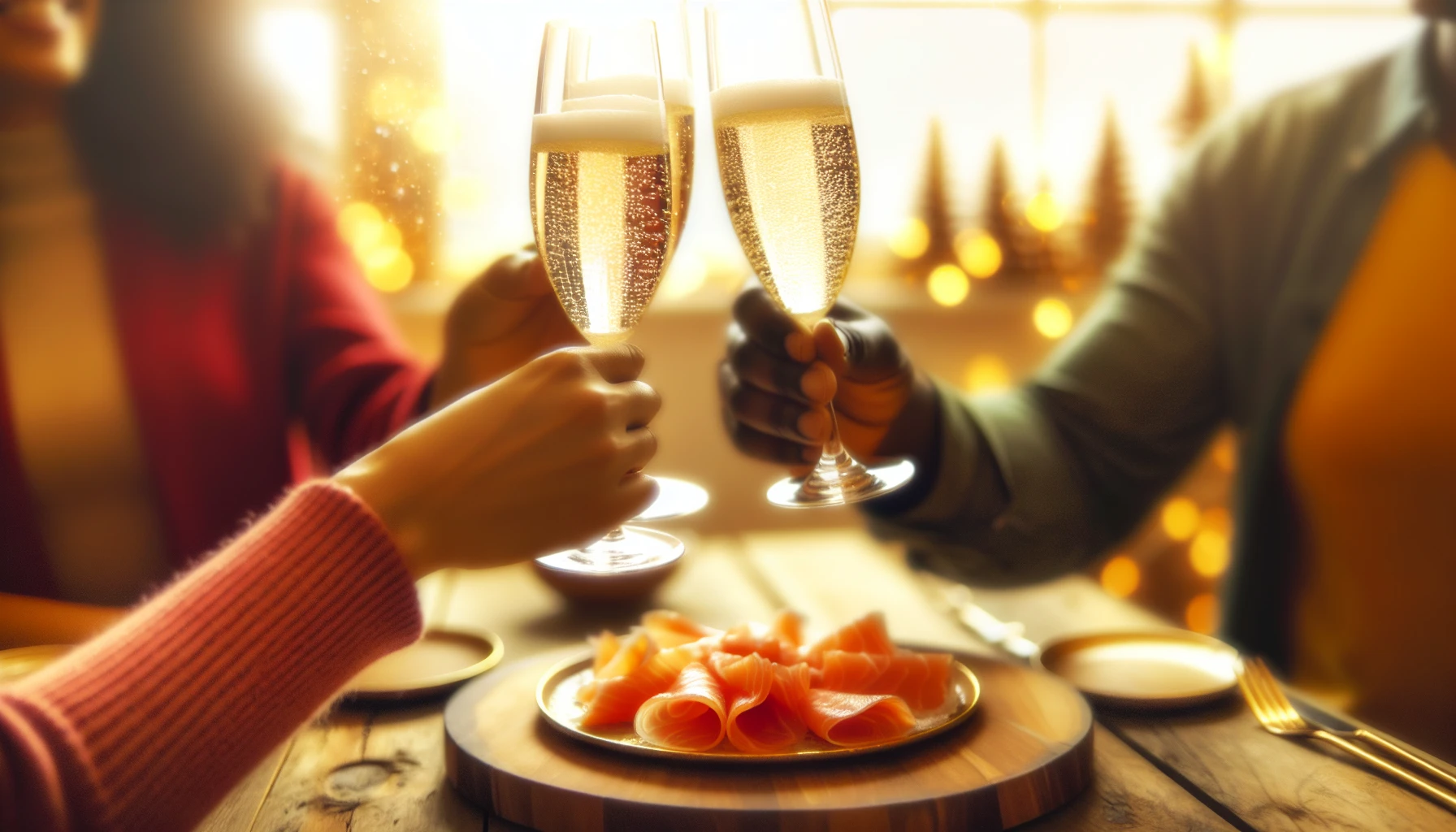 A celebratory toast with glasses of sparkling wine and plates of smoked salmon.