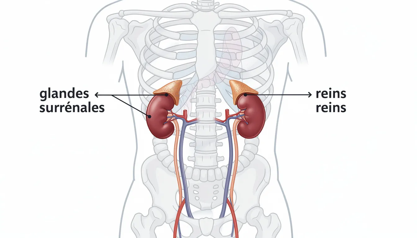 Illustration anatomique représentant la localisation des glandes surrénales, situées au-dessus des reins, essentielles pour la production d'hormones telles que le cortisol et les androgènes. Cette image illustre également leur rôle dans des conditions comme l'hyperplasie congénitale des surrénales et le syndrome des ovaires polykystiques.