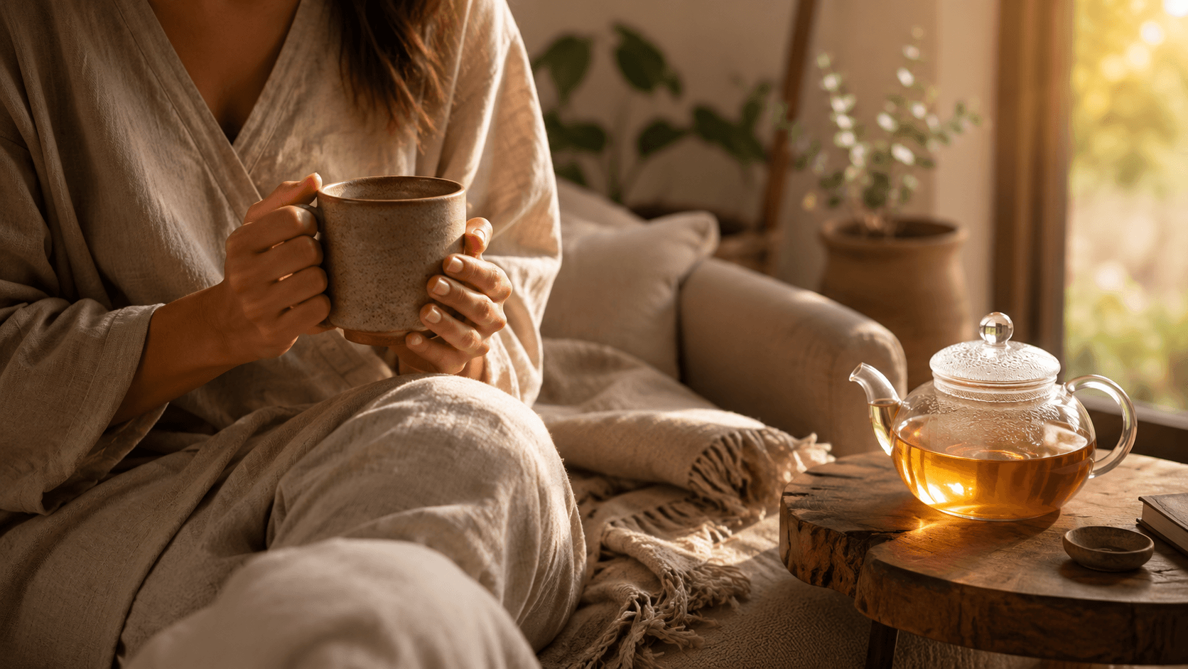 A person wrapped in cozy linen loungewear sitting on a soft couch, mindfully holding a warm ceramic mug with both hands during a mindful tea drinking ritual next to a clear glass teapot of golden amber herbal tea.