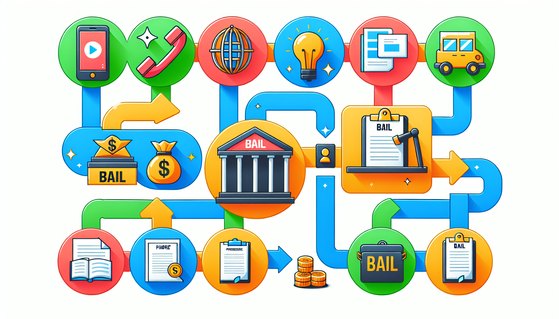 An illustration showing the steps involved in the bail bond process, including contacting a bail agent and posting bail.