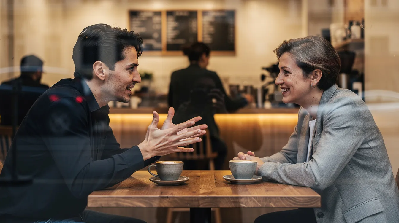 In a cozy coffee shop, two people are engaged in a lively conversation, sharing smiles and laughter, suggesting a potential match fueled by mutual attraction. This magical moment reflects the essence of real-life connections that dating apps, like the Iris dating app, aim to foster through genuine interactions.
