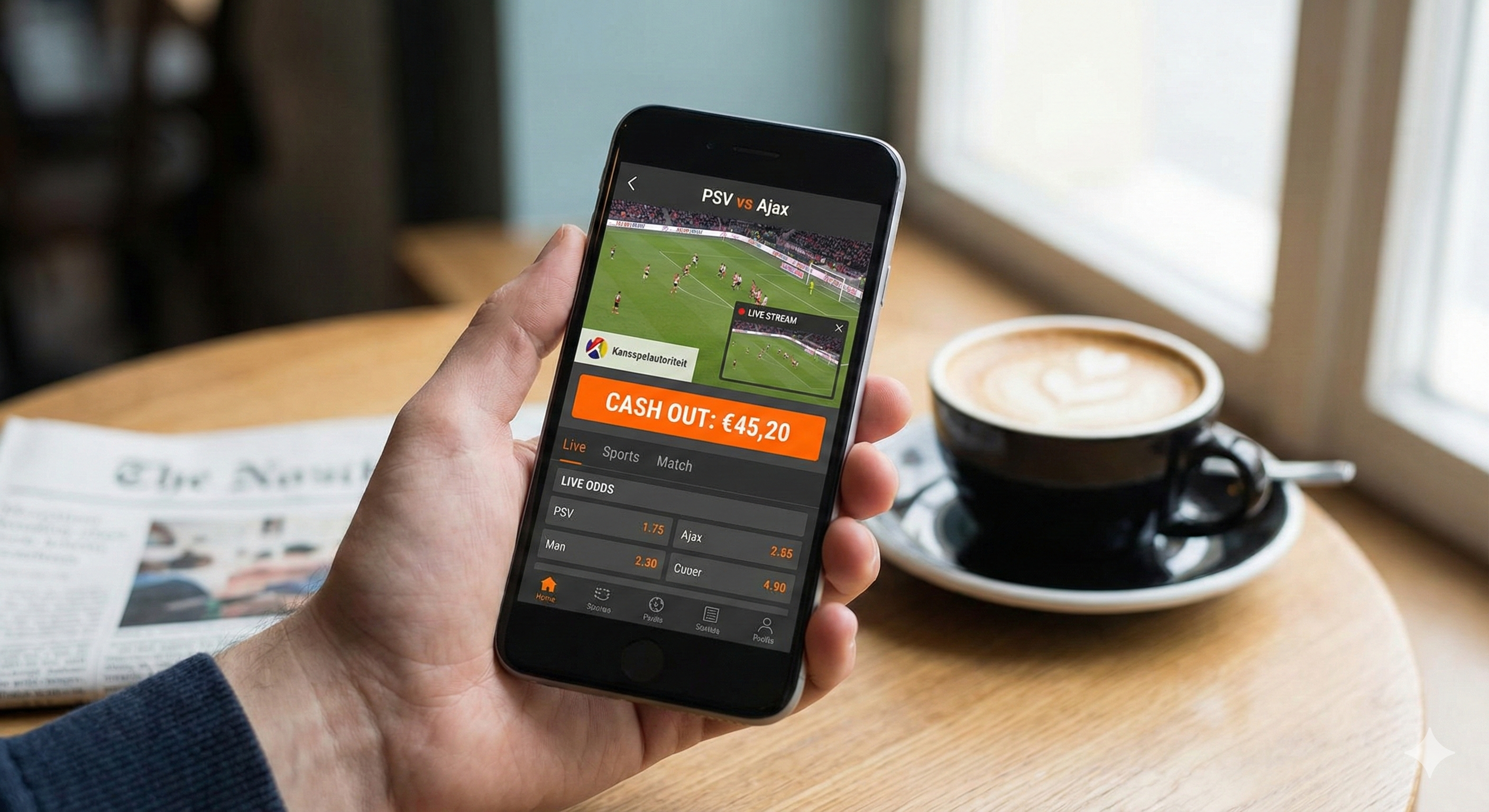Persoon bekijkt live voetbalwedstrijd en cash-out optie op wedapp in café.