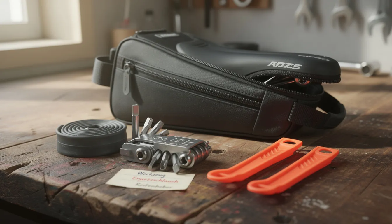 Die geöffnete Satteltasche liegt auf einer Werkbank und enthält Werkzeug, einen Ersatzschlauch sowie Reifenheber, die für die Grundausstattung eines Rennradfahrers wichtig sind. Diese Elemente sind entscheidend für die Sicherheit und den Komfort beim Radfahren, insbesondere für Anfänger im Radsport.